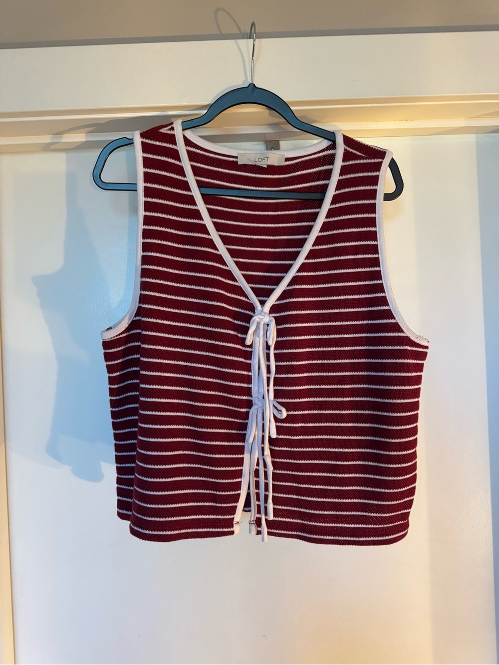 LOFT Berry and White Striped Tie-Front Tank